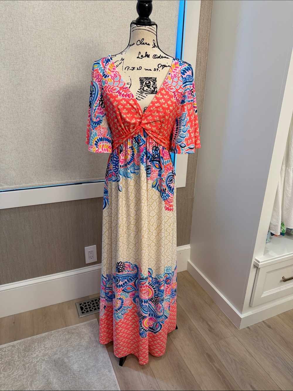 Lilly Pulitzer Coral, Blue & Cream Floral Maxi Dress